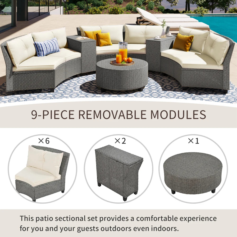 U_Style 6 - Person Fan-shaped Rattan Suit Combination with Cushions and Table