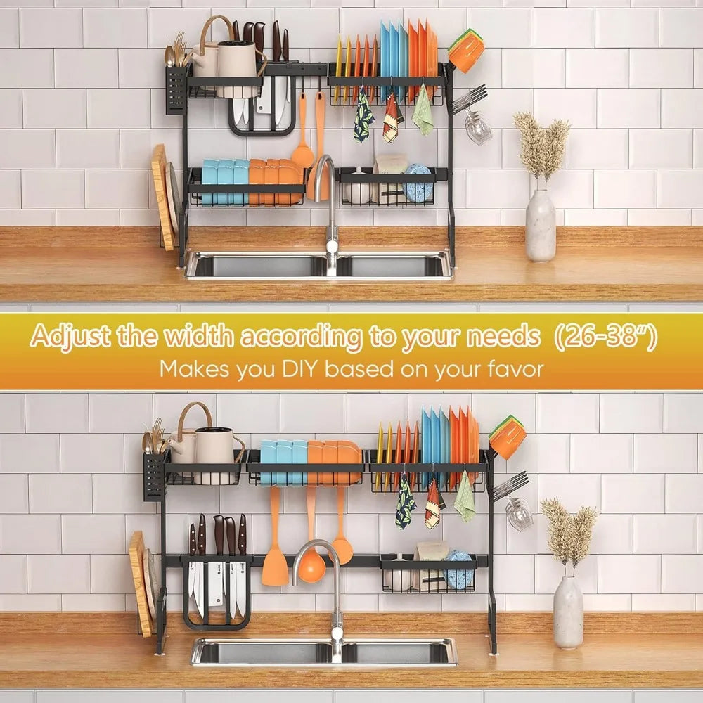 Over Sink Dish Drying Rack Display Adjustable Large 2 Tier