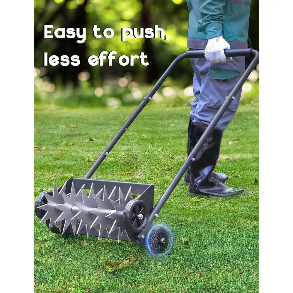 Manual Lawn Aerator 18 Inch Push Spike Tool with 4 Wheels Efficient Yard Care and Soil Aeration
