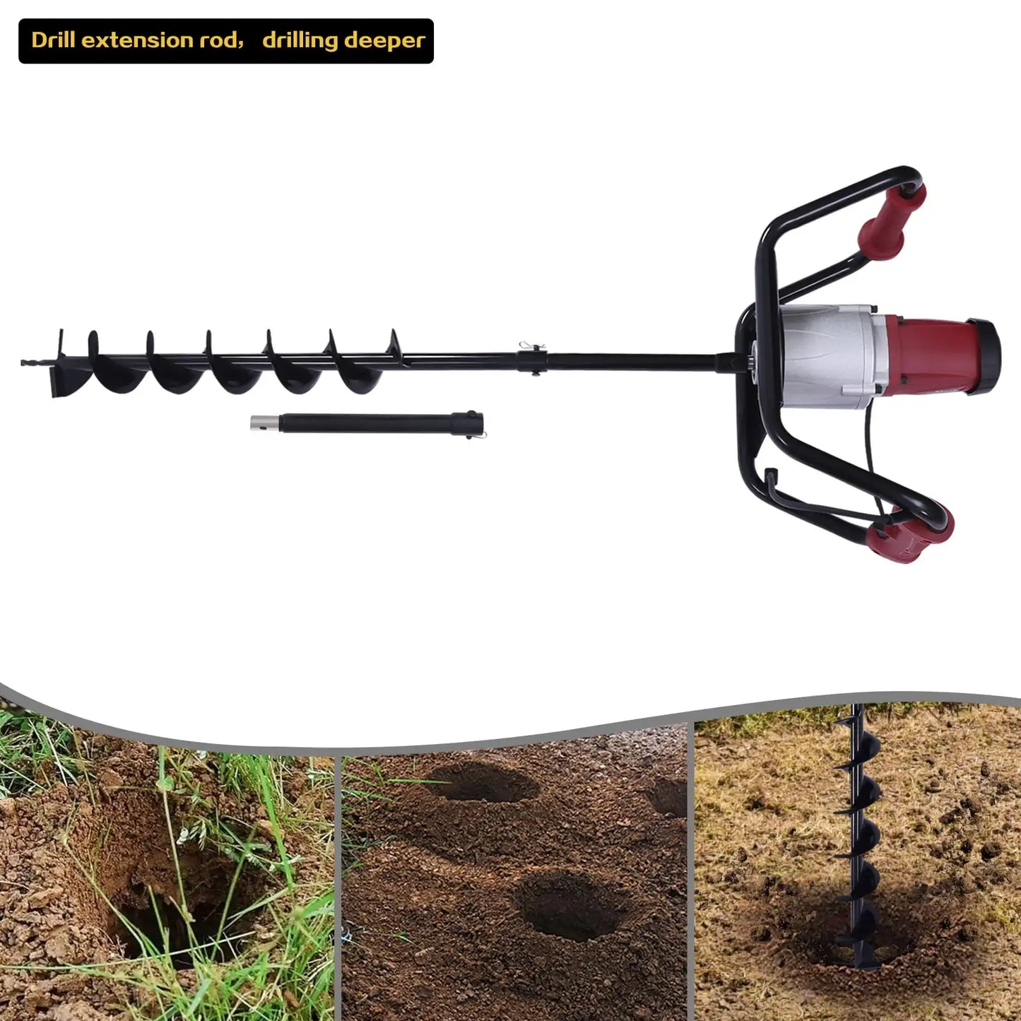 1500W Electric Post Hole Digger Plant Fence Ground Digging Drill Garden Borer Tools 1.6HP 200Rpm with 4" Bit and Extension Rod