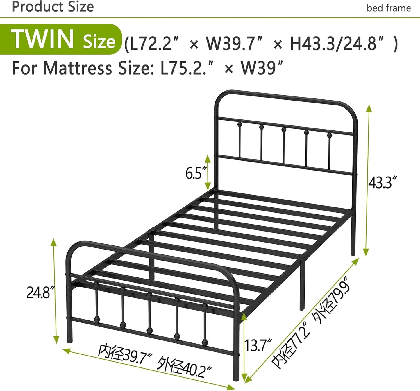 Metal Bed Frame - Structurally Stable Heavy Duty Steel Slat Supported Twin Bed Frames