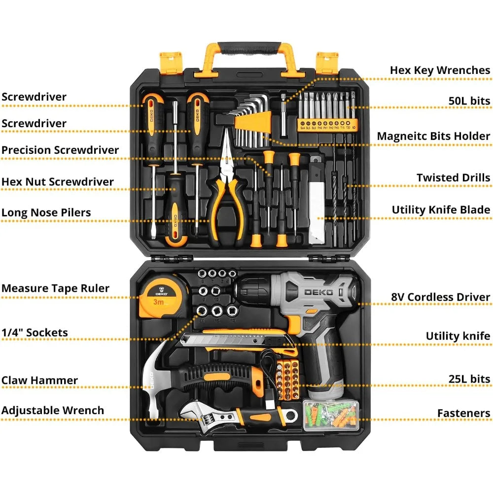 Tool Set:Tool Kit with 8V Cordless Drill,Tool Box with Drill,Hand Drill Set,Home Tool Kits for House Repair,Handyman, 126 Piece