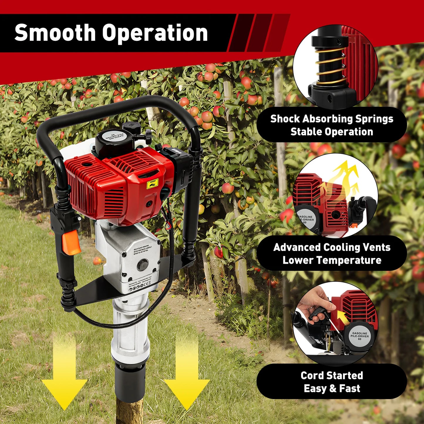 1900W Gasoline Pile Driver 52cc 2 Stroke Engine Post Driver