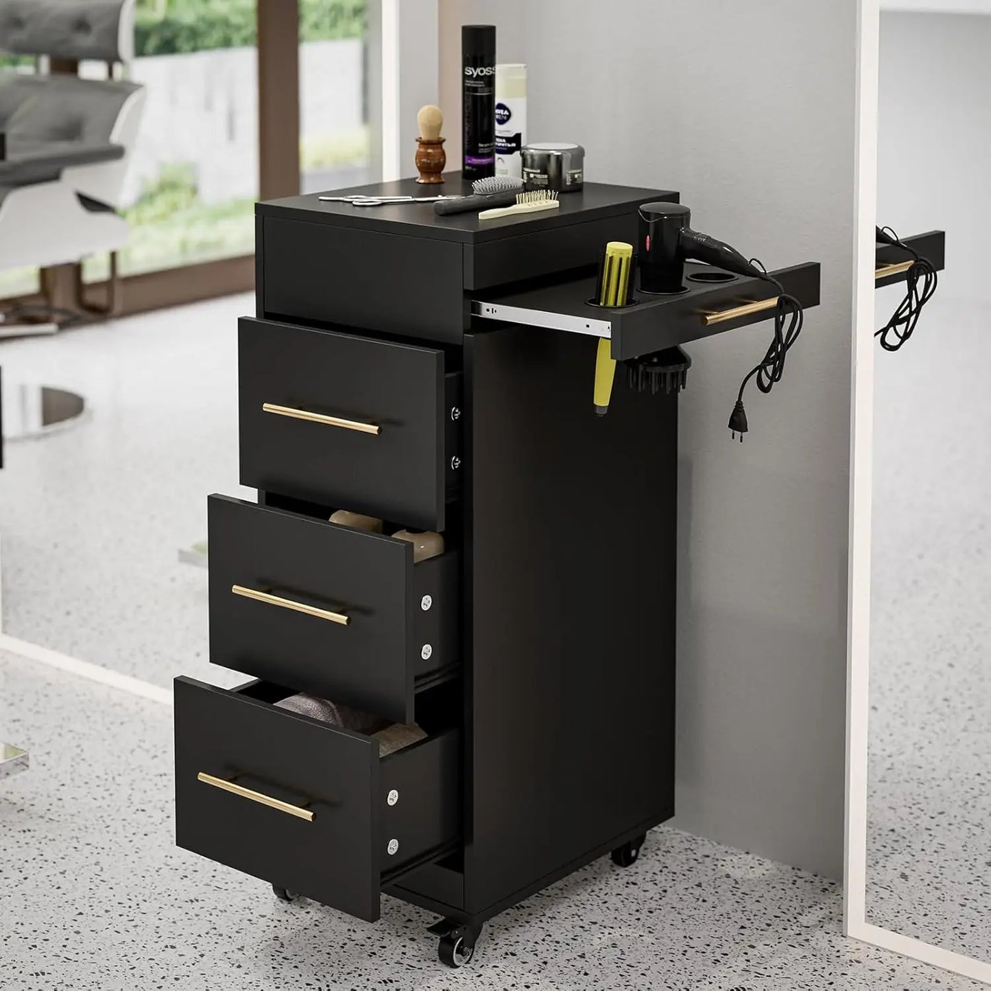 Salon Trolley, Rolling Hair Cart with 3 Dryer Holders for Hair Stylist