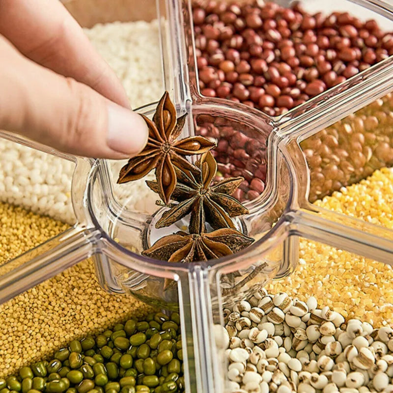 Rice Storage Container Cereal Dispenser 6-grid 360° Rotating Bucket Sealed Tank Grain Box Kitchen Accessories