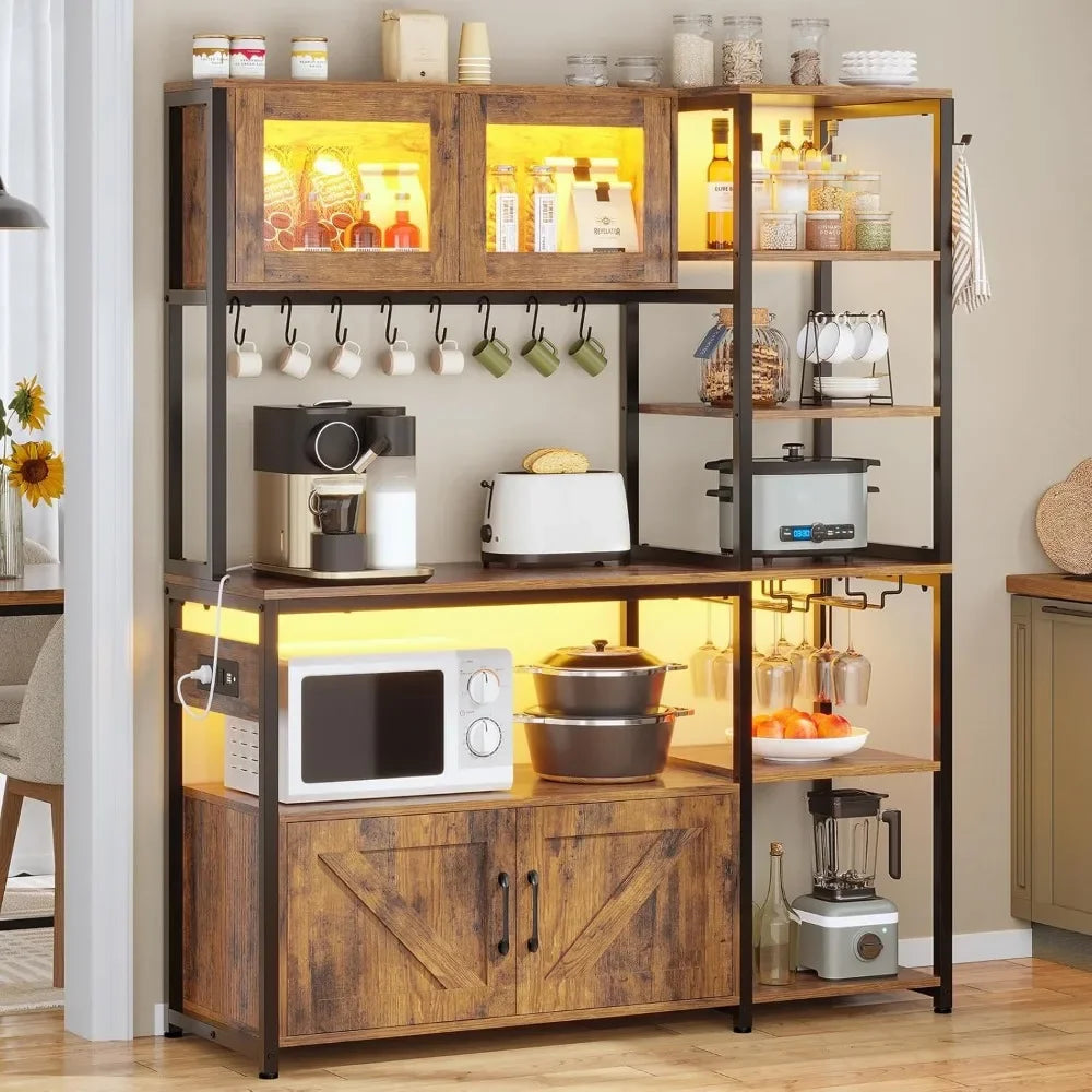 Itaar Bakers Rack with Power Outlet and LED Light 45.3 Inch Farmhouse Coffee Bar Cabinet