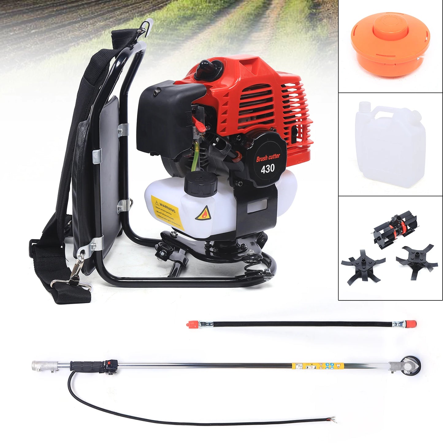 Yard Lawn Mower Tilling Tool 43CC 2 Stroke Backpack Tiller Cultivator Grass Trimmer with 1L Fuel Tank