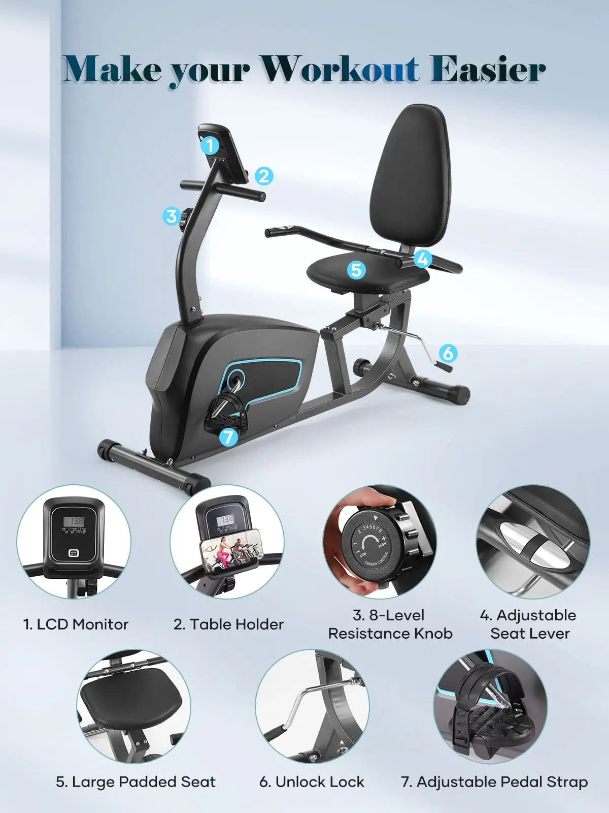 Recumbent Exercise Bike for Home Sturdy Quiet 8 Levels