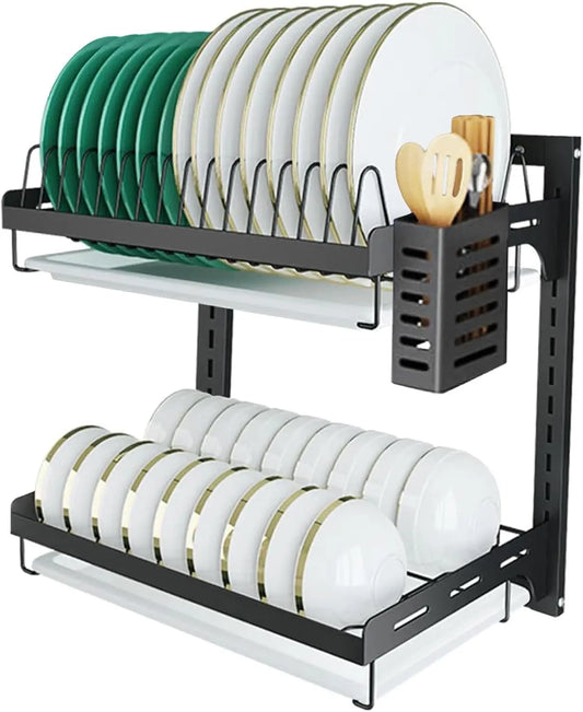 Hanging Dish Drying Rack Wall Mounted 2 Tier Organizer
