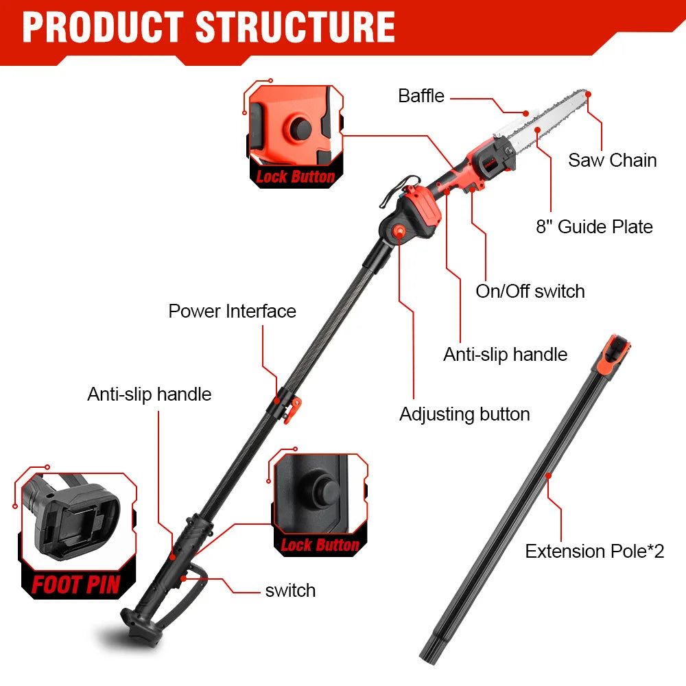 ONEVAN 4500W 2.25m Brushless High Branch Saw Telescoping Pole Electric Saw Cordless