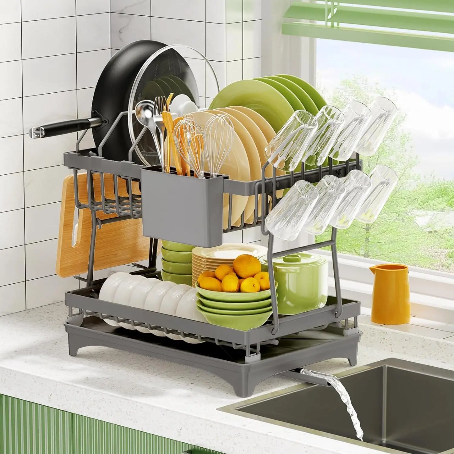 Stainless Steel Dish Drying Rack,2 Tier Large Dish Rack for Kitchen Counter，Dish Drainer with Utensil Holder & Cup Holder,Black