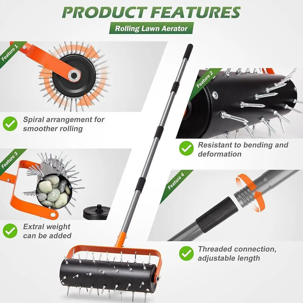 Heavy Duty Rolling Lawn Aerator 42 Spikes Manual Tool Adjustable Handle Soil Compaction Aeration Promote Lawn Health Durable