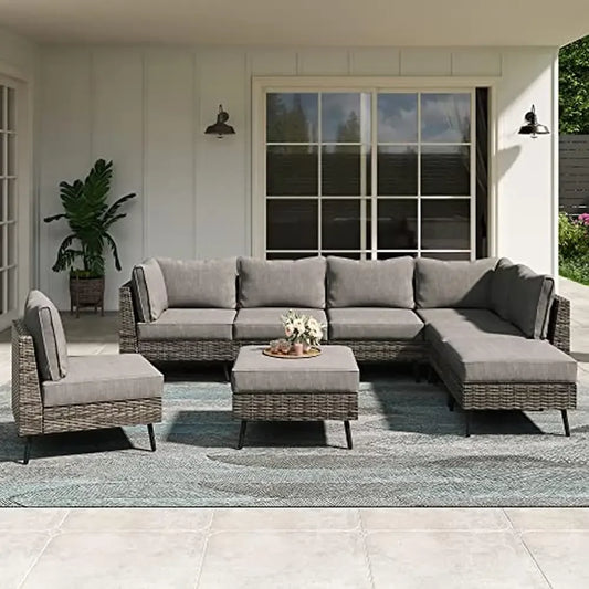 Modern Outdoor Patio Conversation Set 8 Piece Rattan Sectional Sofa Thick Cushions Garden Furniture