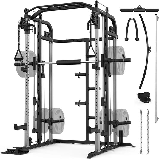 Multifunctional Power Cage Rack with Smith Bar and Cable Pulley System