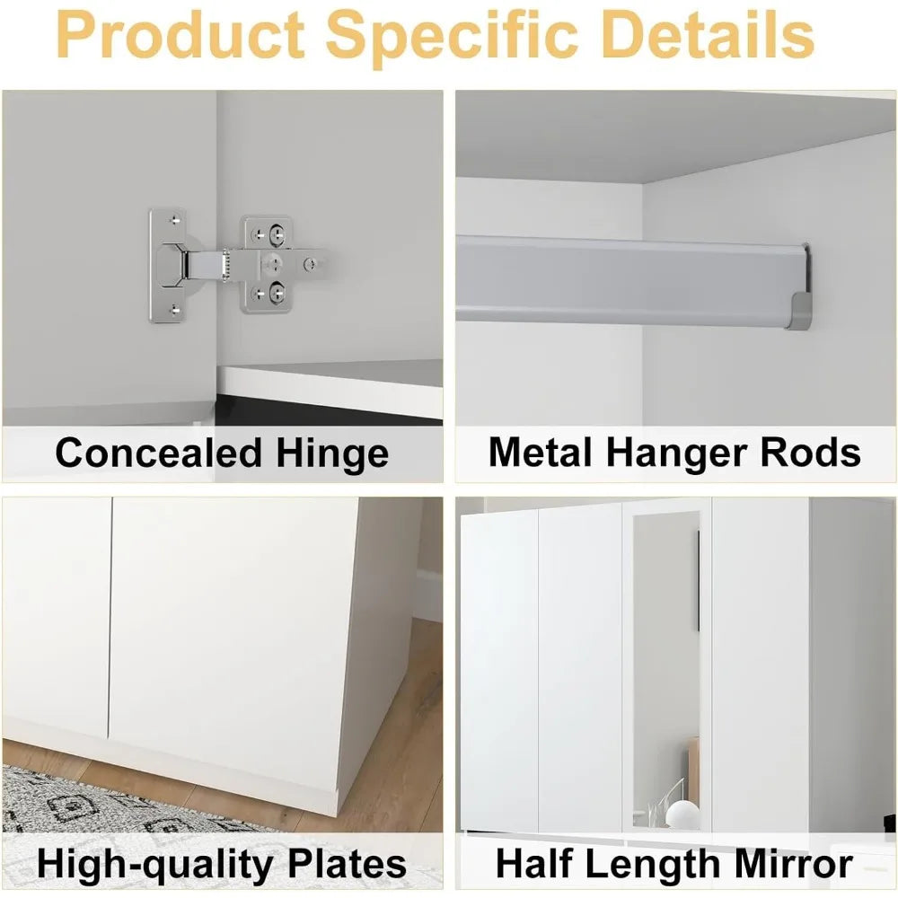 Wardrobe Armoire Closet, Door Wardrobe Cabinet with Hanging Rod and Mirror, Bedroom Large Capacity Freestanding Wood