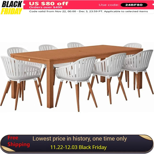 9-Piece Outdoor Rectangular Dining Table Set ,| Dark Teak Finish