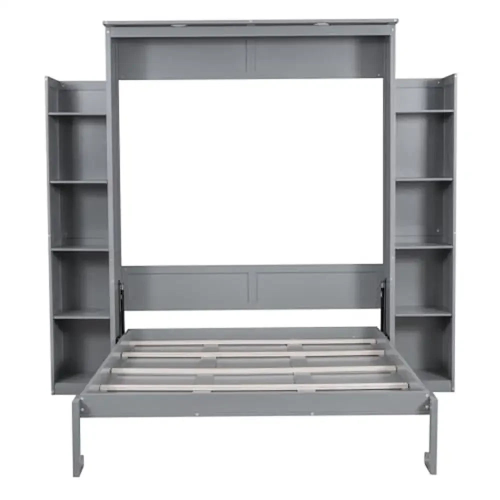 Gray Queen Murphy Cabinet Bed with Storage Shelves & LED Lights