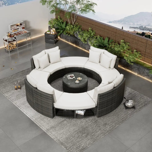 Garden Sofa Sets,Luxury Circular Rattan Wicker Sectional Sofa Lounge Setwith Tempered Glass Coffee Table,Outdoor