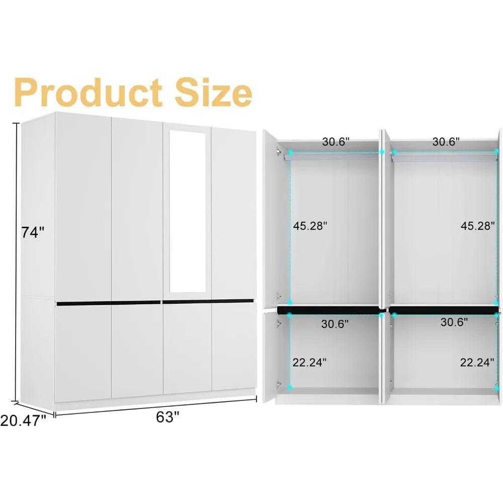 Wardrobe Armoire Closet, Door Wardrobe Cabinet with Hanging Rod and Mirror, Bedroom Large Capacity Freestanding Wood