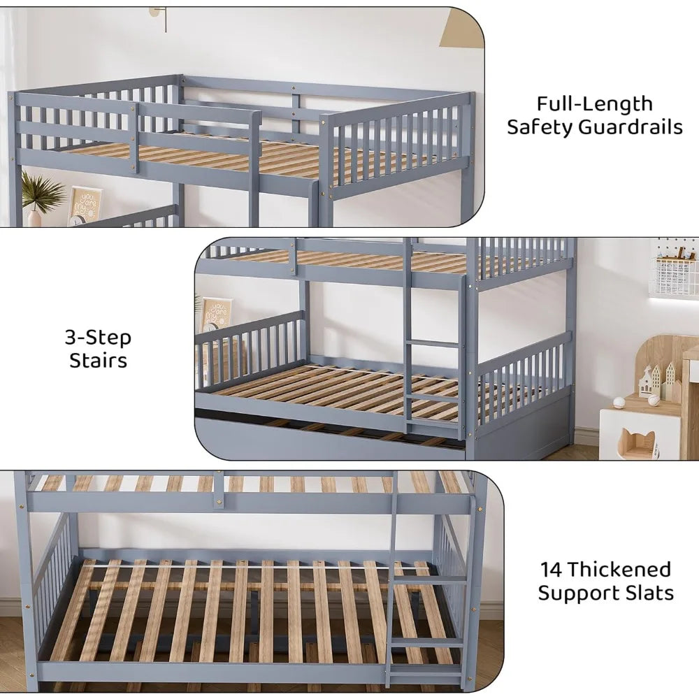 Full Over Full Bunk Bed with Trundle, Wood Convertible Bunk Beds for Kids, Bunkbed Frame with Safety Rails and Ladders, Bunk Be