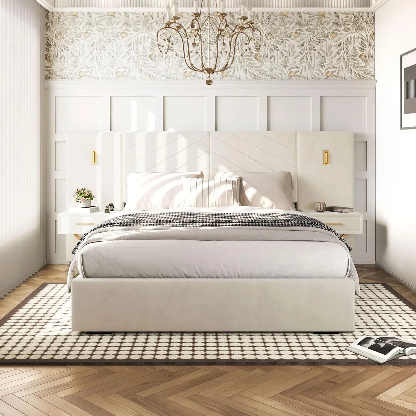 Luxury King Bed Frame with Built-in Gold LED Lights and Nightstands