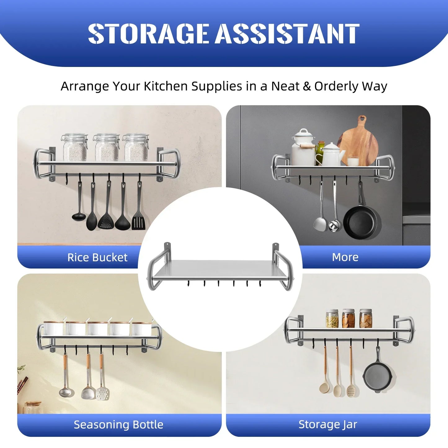 Stainless Steel Microwave Oven Wall Mount Shelf with 6 Hooks,Kitchen Organizer Storage Rack Holder, Home Organization Tools