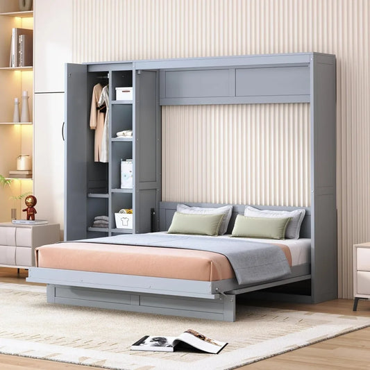 Queen Size Murphy Bed Wall Bed with Shelves, Wardrobe and LED Lights,Solid Wood Bed Frame, Easy to Assemble and fold, Suitable