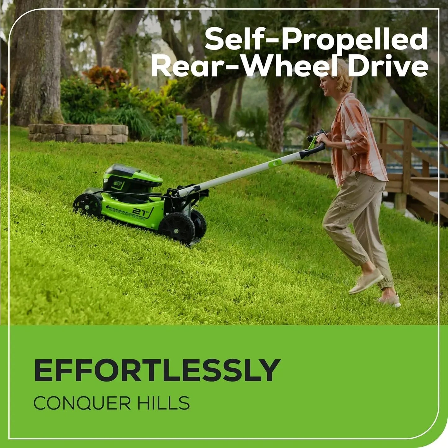 60V 21”Cordless (Self-Propelled) Lawn Mower (LED Lights + Aluminum Handles) 2x4.0Ah Batteries and Dual Port Rapid Charger