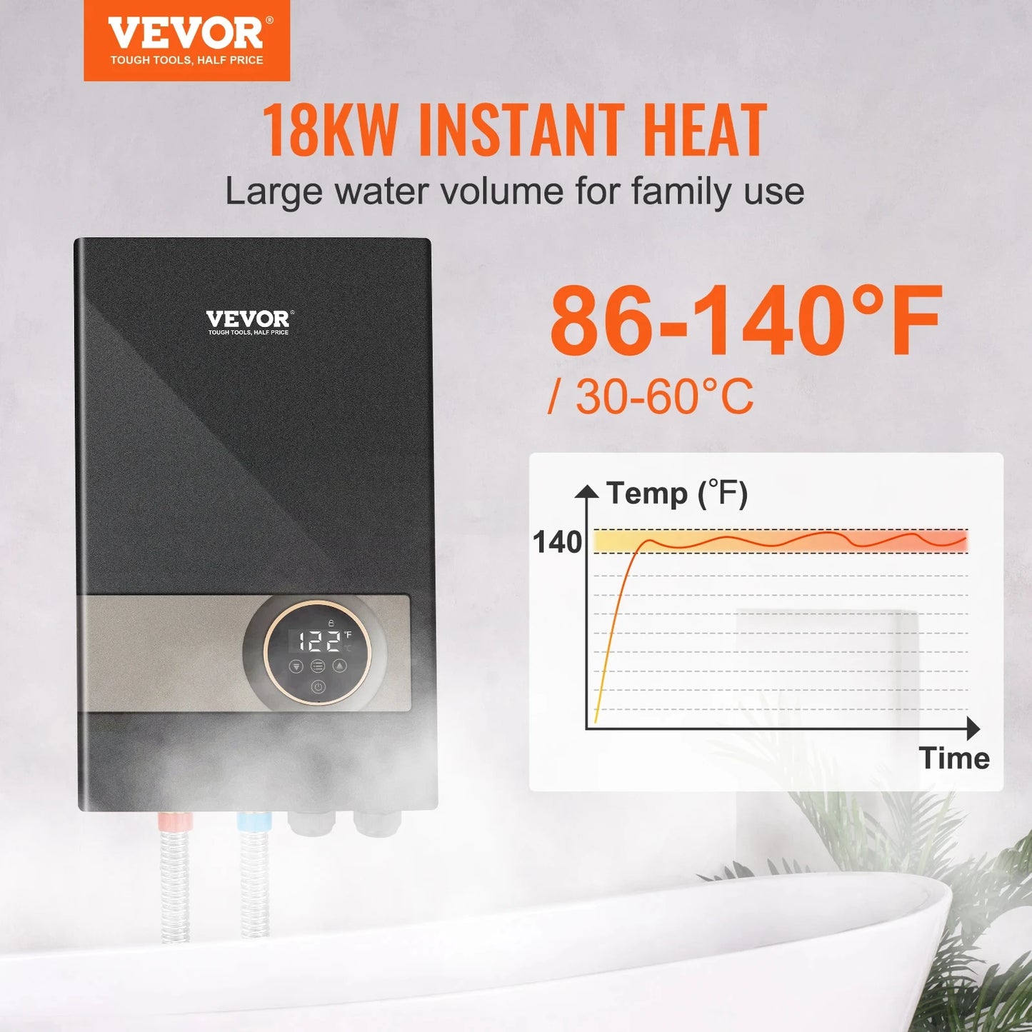 VEVOR Instant Water Heater 18kwTankless Water Boiler Digital Temperature Display For Kitchen Bathroom Shower Mall Salon Shampoo