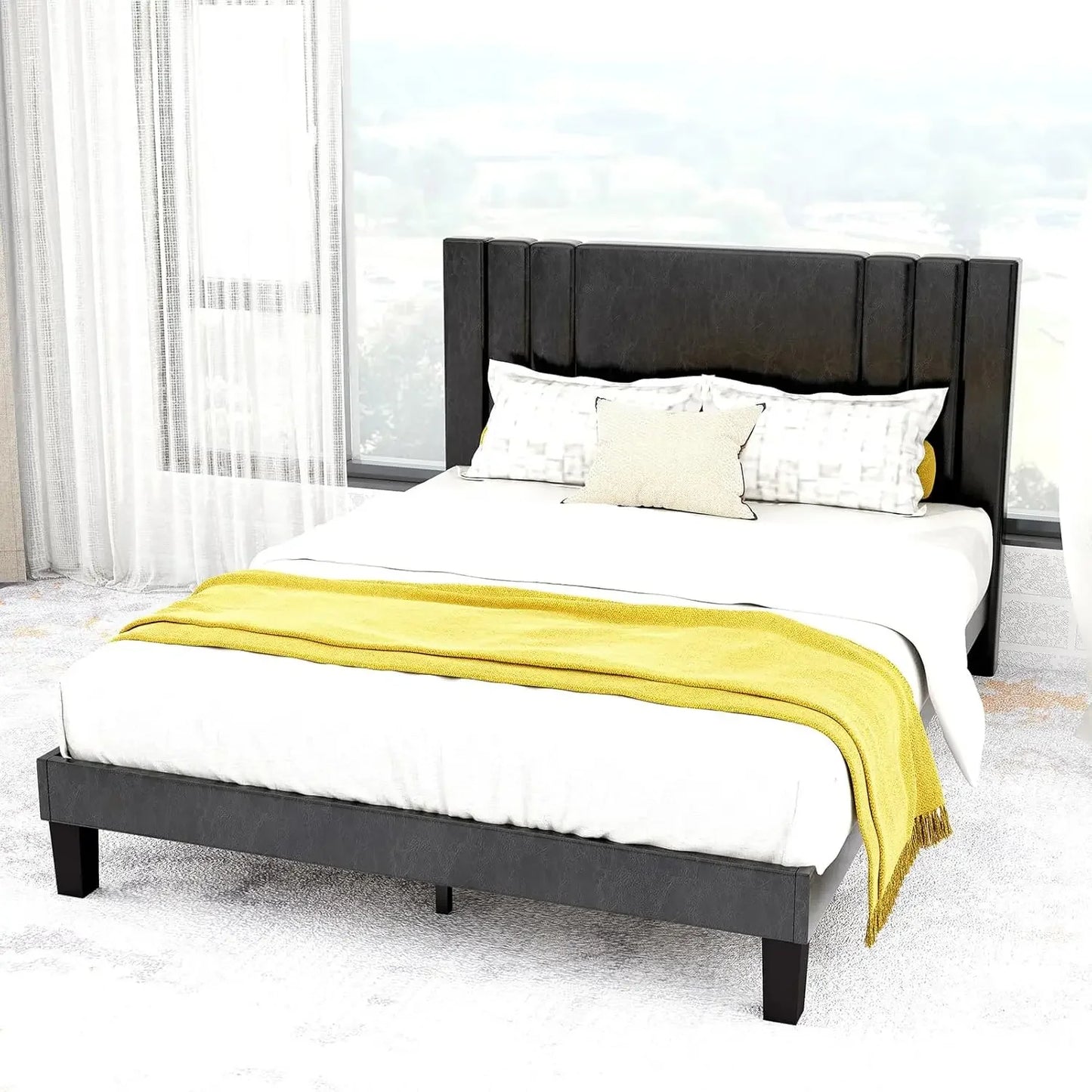 Queen Size Bed Frame, Faux Leather Upholstered Platform with Headboard