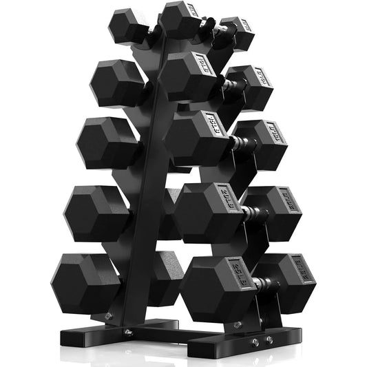 Hex Dumbbell Set with Rack - Rubber Coated Weights