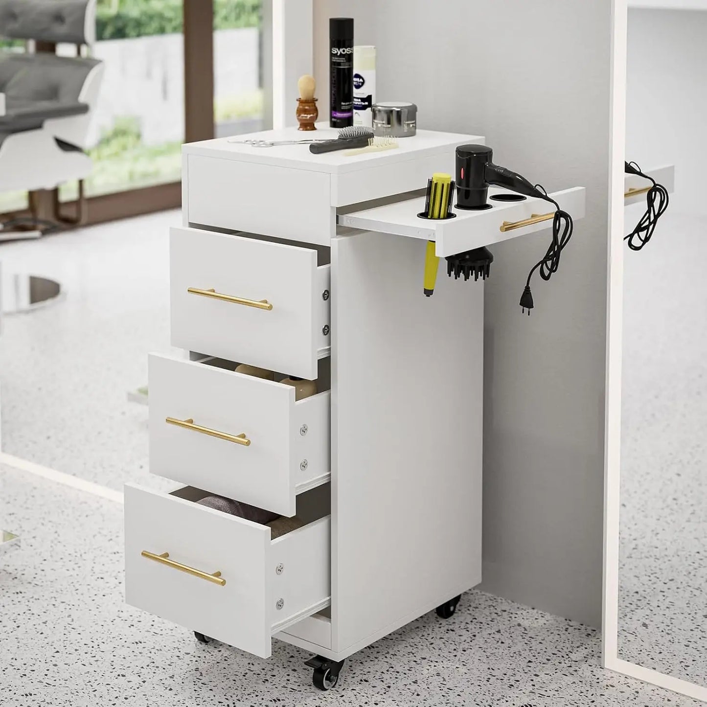 Salon Trolley, Rolling Hair Cart with 3 Dryer Holders for Hair Stylist