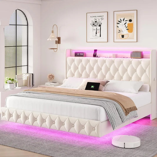Floating Bed Frame Queen Size Platform with LED Lights