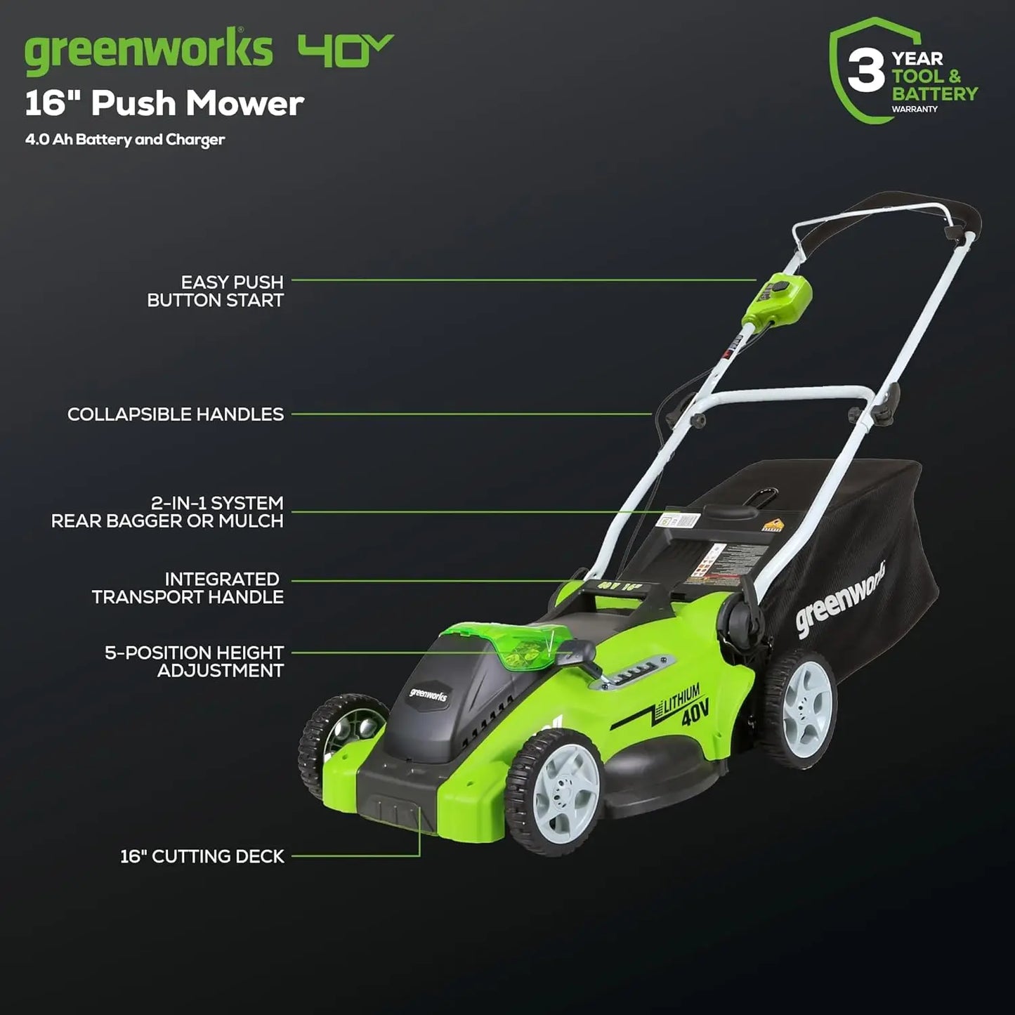 40V 16" Cordless (Push) Lawn Mower (75+ Compatible Tools) 4.0Ah Battery and Charger Included Simple Push-button Start