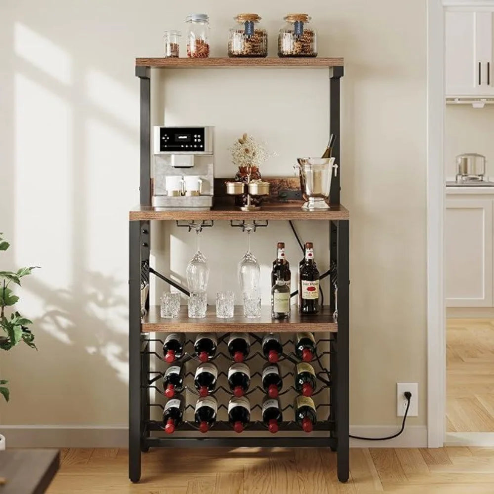 Small Kitchen Microwave Bakers Stand Wine Rack, Wine Rack,Coffee Bar Storage with Power Outlet for Liquor Thicken Shelf Room