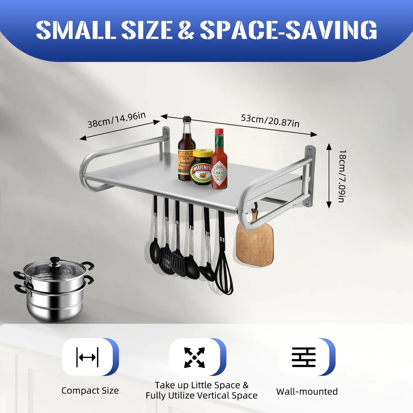 Stainless Steel Microwave Oven Wall Mount Shelf with 6 Hooks,Kitchen Organizer Storage Rack Holder, Home Organization Tools