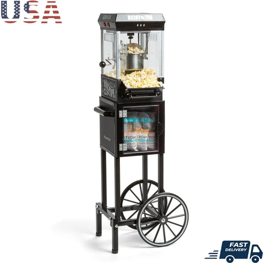 Vintage Popcorn Cart Machine Retro Movie Theater Snack Maker Kettle Popper Kitchen Appliance with Transparent Windows Stirring