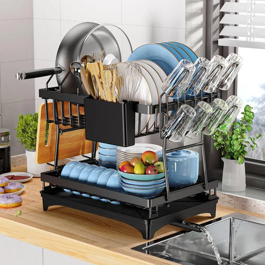 Stainless Steel Dish Drying Rack,2 Tier Large Dish Rack for Kitchen Counter，Dish Drainer with Utensil Holder & Cup Holder,Black