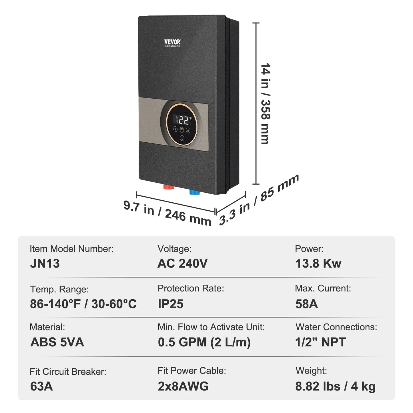 VEVOR Instant Water Heater 18kwTankless Water Boiler Digital Temperature Display For Kitchen Bathroom Shower Mall Salon Shampoo