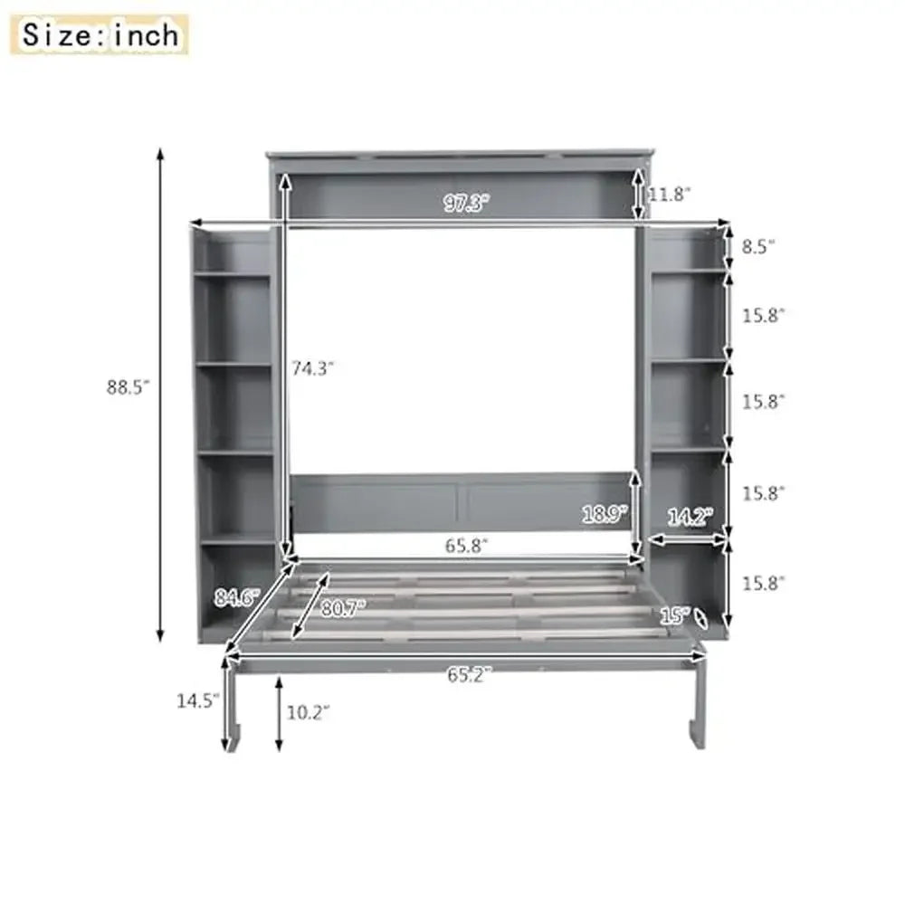 Gray Queen Murphy Cabinet Bed with Storage Shelves & LED Lights