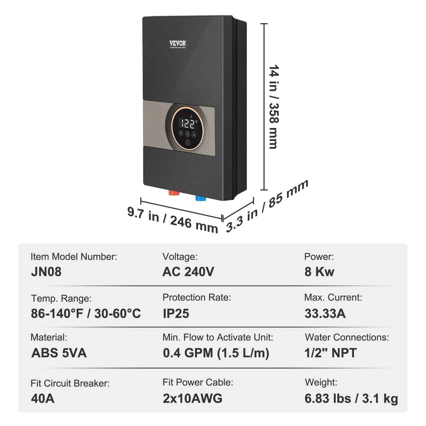 VEVOR Instant Water Heater 18kwTankless Water Boiler Digital Temperature Display For Kitchen Bathroom Shower Mall Salon Shampoo