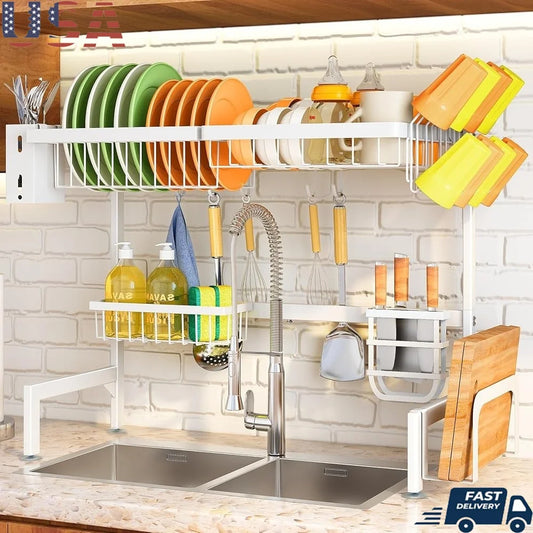 Adjustable Over Sink Dish Drying Rack Large Kitchen Counter Dish Drainer Organizer with Multiple Baskets Space Saving Stainless