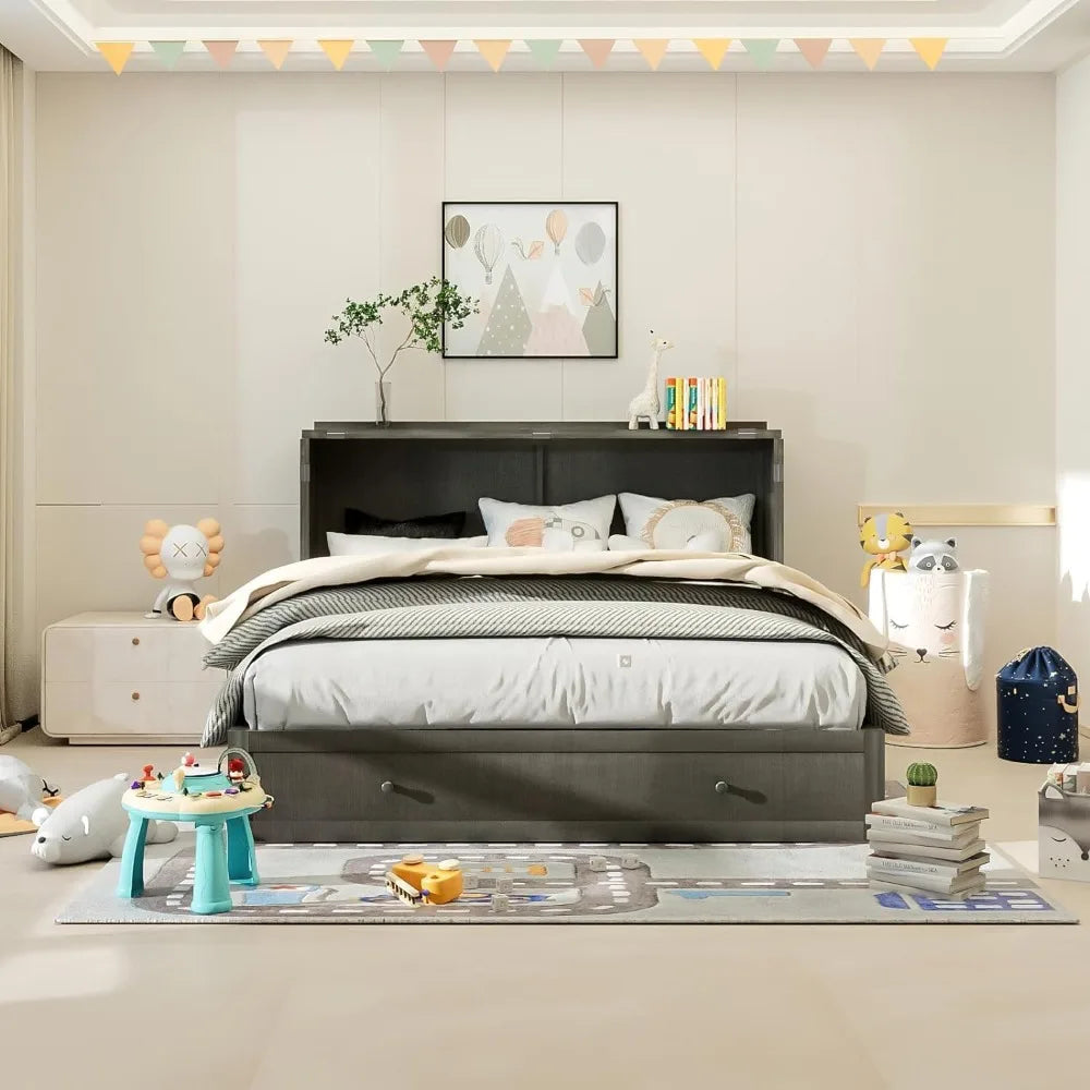 Murphy Bed Queen with Mattress Included Farmhouse Murphy Bed Cabinet with Storage and Charging Station