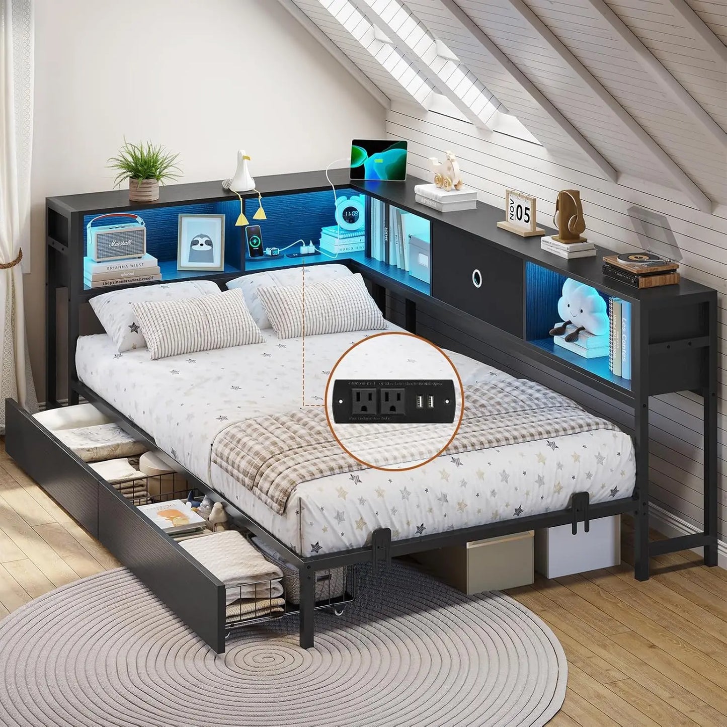 Corner Bed Frame with Bookcase Storage and Led Lights Twin Size Metal Platform Bed Frame with Storage Drawers and Charging