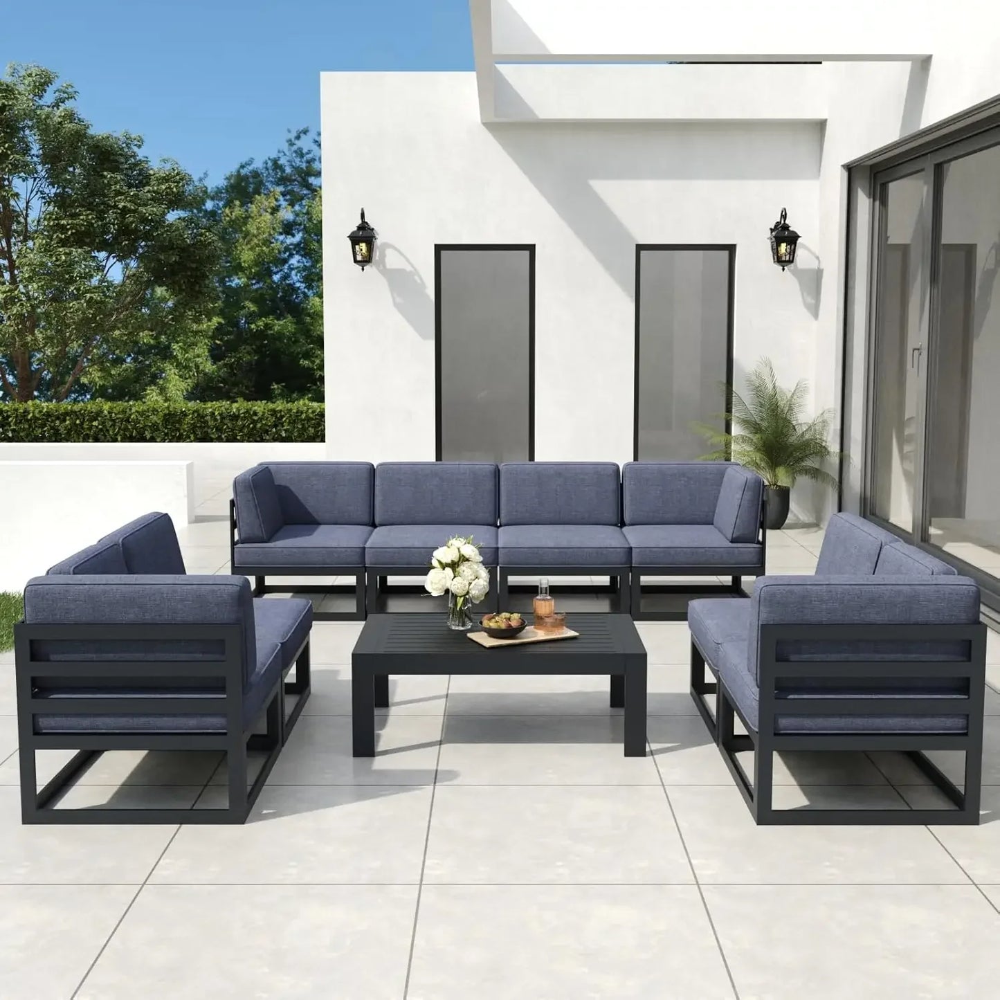 Metal Outdoor Conversation Sofa Set with Seating Cushions, Garden Sofas, 9 Pieces Aluminum Patio Furniture Set