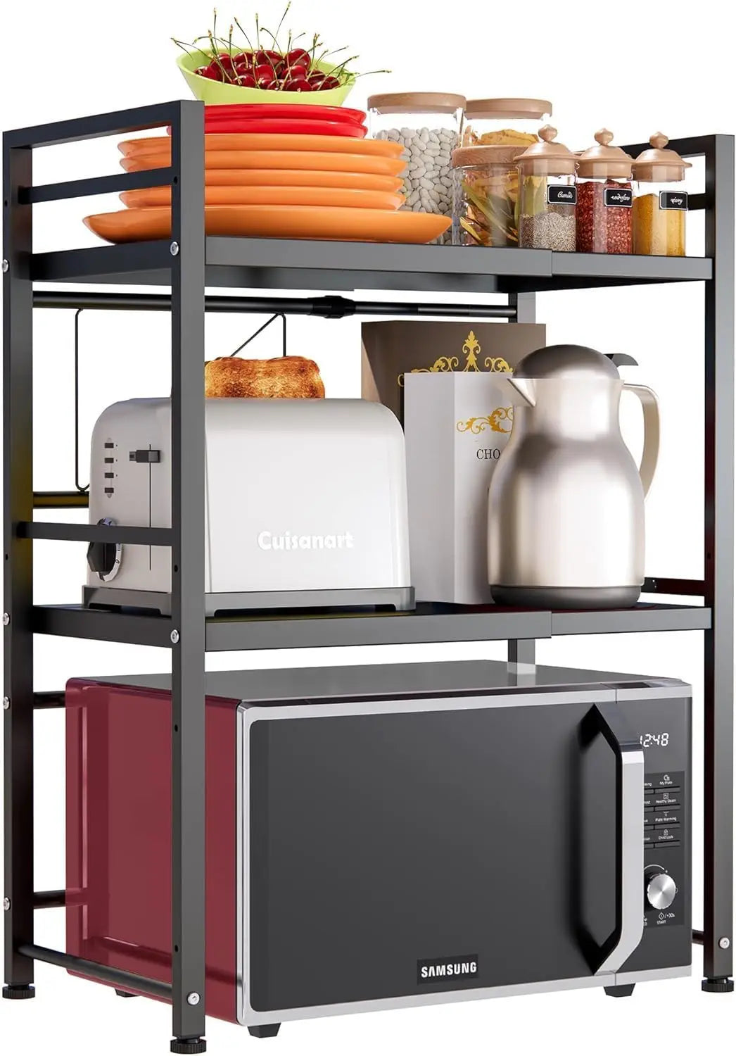 Expandable Microwave Rack, Countertop Kitchen Utensils Tableware Storage, Carbon Steel 3 Tier Shelf with 3 Hooks