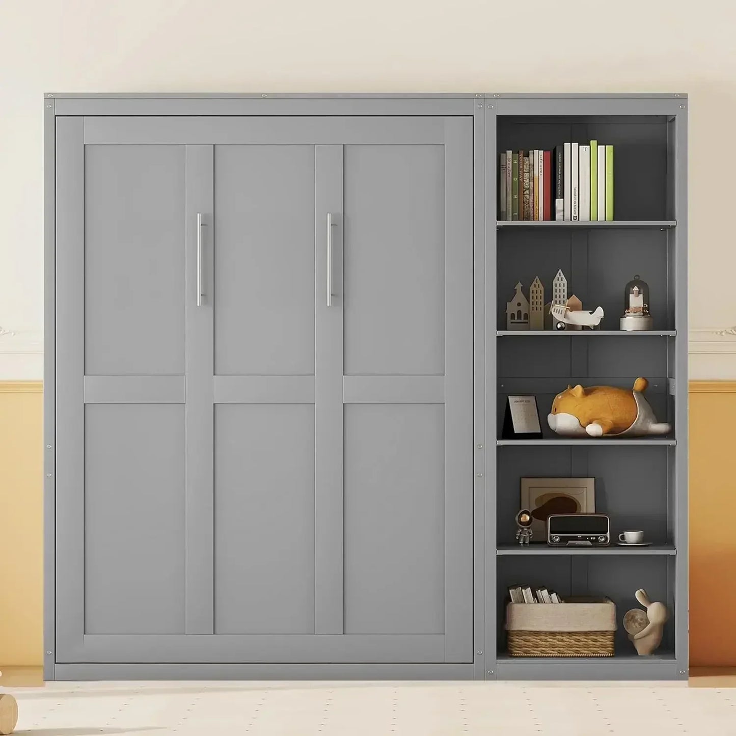 Harper & Bright Designs Queen Size Murphy Bed with Closet, Wall Bed with Drawers and Shelves, Gray