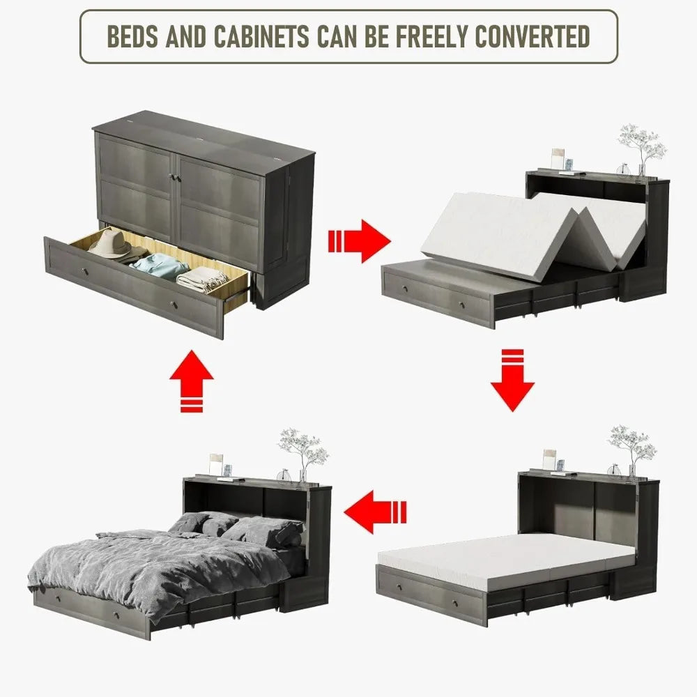 Murphy Bed Queen with Mattress Included Farmhouse Murphy Bed Cabinet with Storage and Charging Station