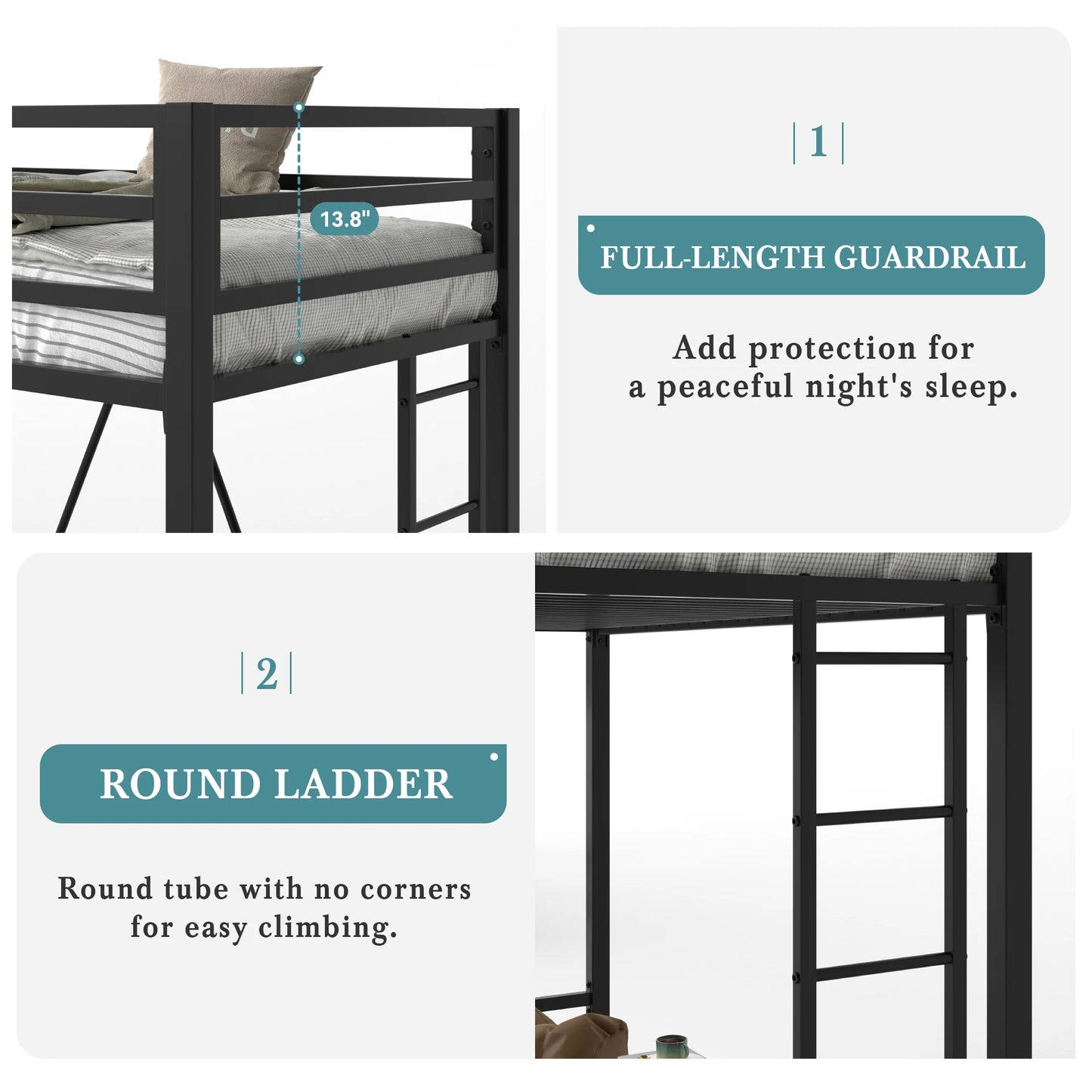 HOOMIC Modern Twin Size Metal Loft Bed Frame with Full-Length Guardrail