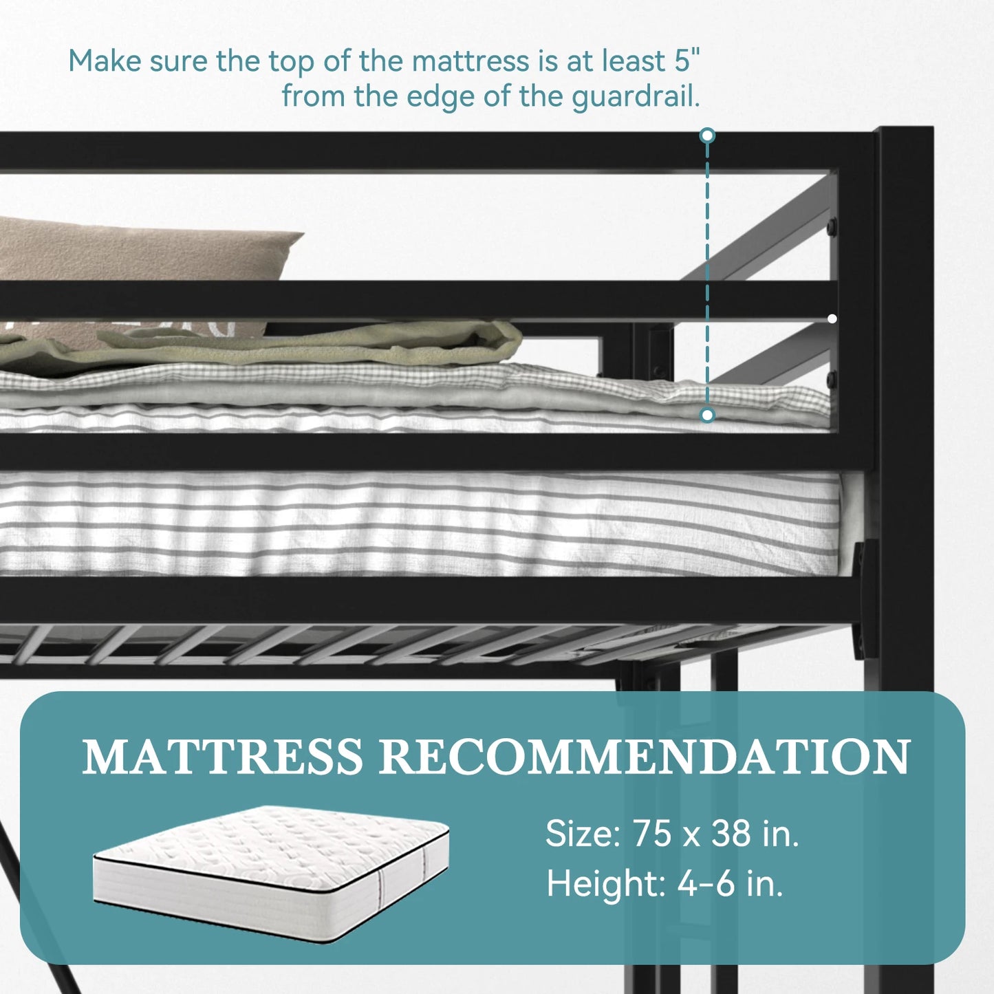 HOOMIC Modern Twin Size Metal Loft Bed Frame with Full-Length Guardrail